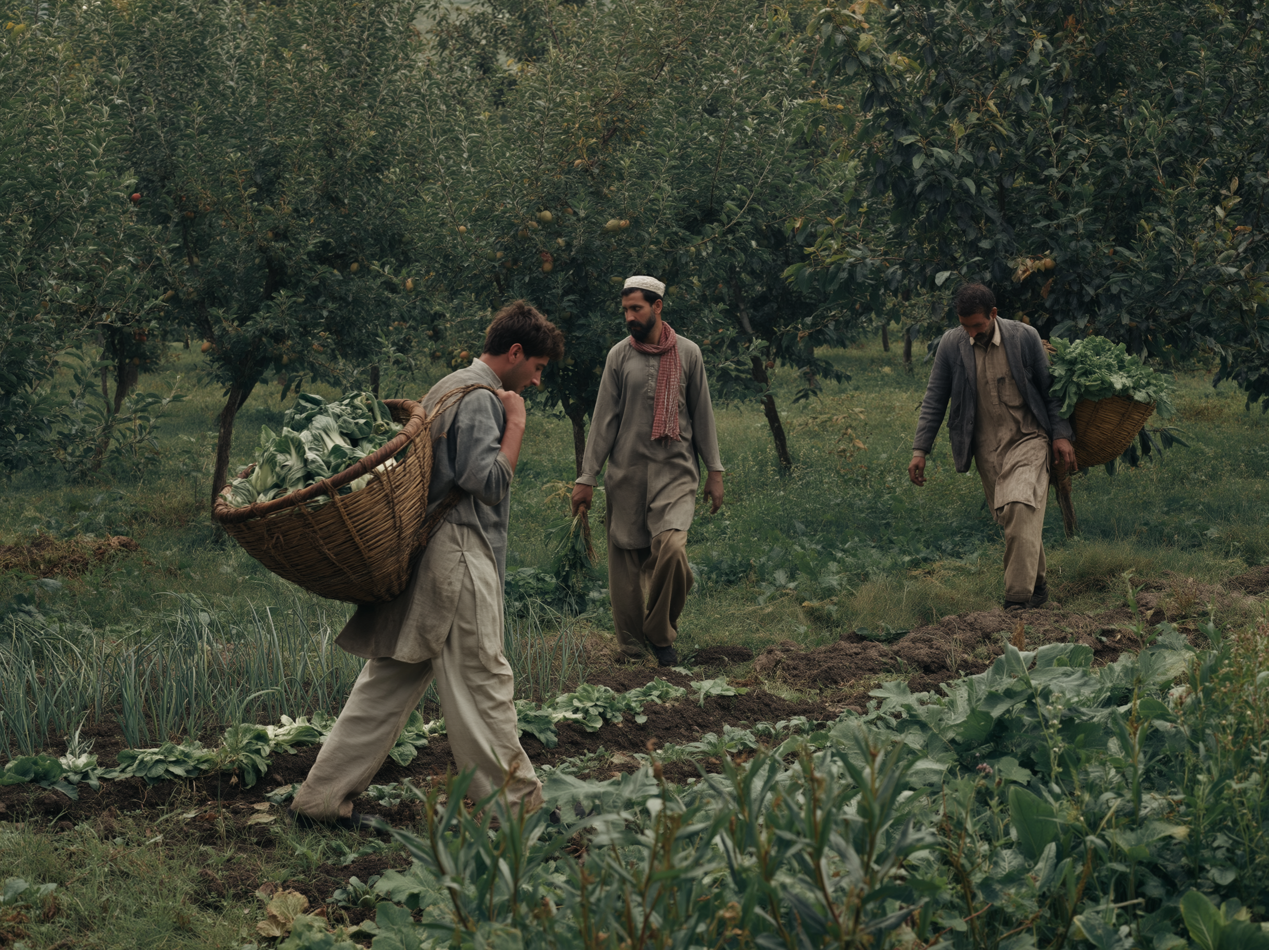 Local workers harvesting in a Kashmir orchard