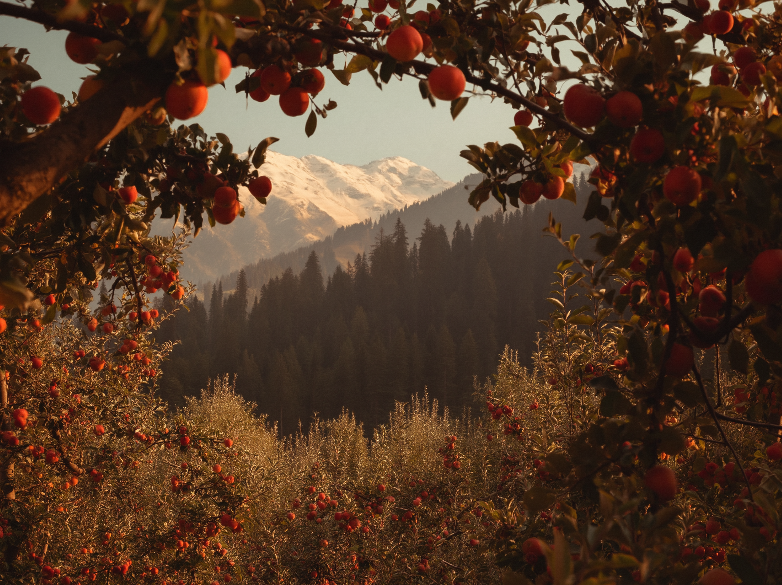 Apple orchard with snow mountain, Tangmarg Kashmir